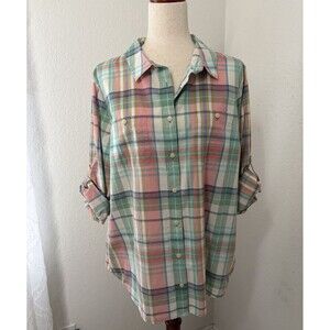 L.L. Bean Women’s XL Pastel Plaid Button Down Shirt Tunic Top 100% Cotton Preppy